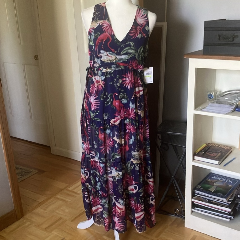 Flamingo tropical print sleeveless midi dress NWT 4